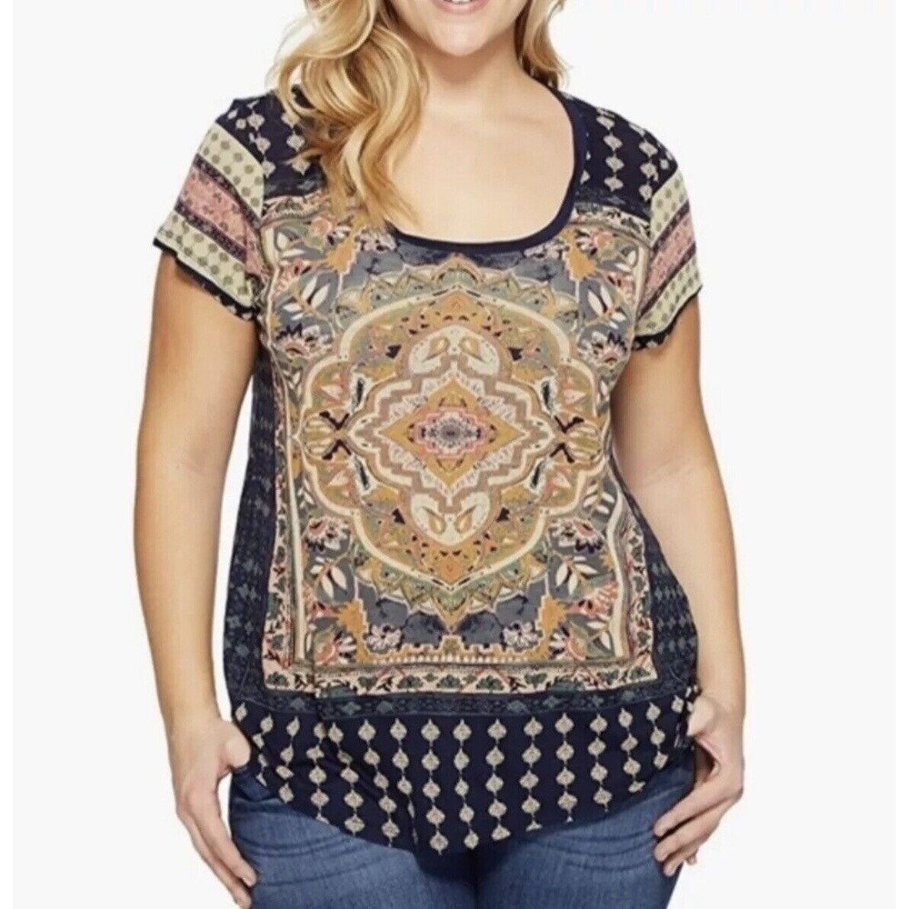 Lucky Brand Top Women 1X Blue Mandala Medallion Short Sleeve Scoop Neck Viscose